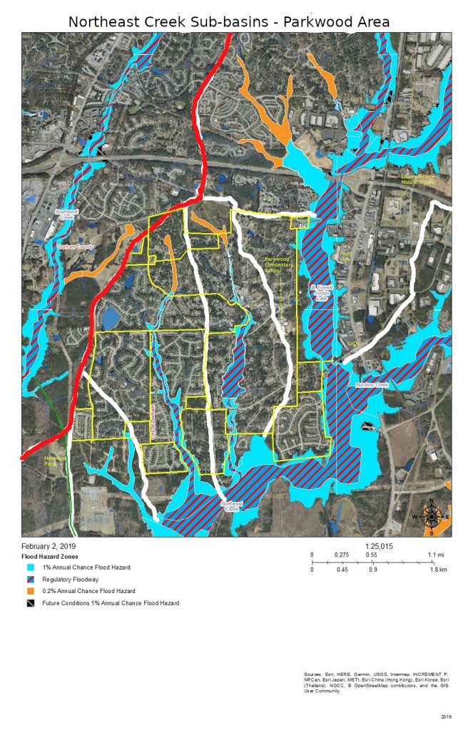 A map showing the main stem of Parkwood Creek, the watershed for Tributary C, and the watershed for Tributary D
